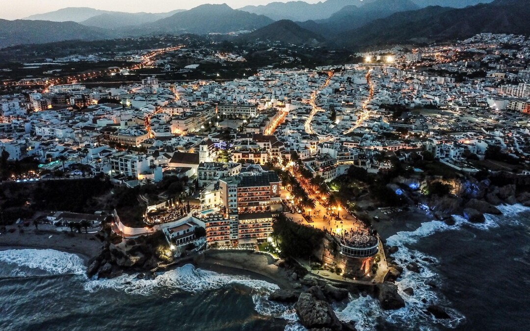 dusk, nerja, malaga, andalusia, spain, balcón de europa, nature, lights, sea, waves, coast