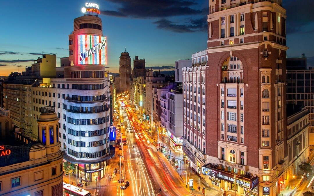 madrid, spain, road, plaza del callao, espana, españa, gran vía, city, dusk, urban, skyscraper, traffic, europe, capital city, madrid, madrid, madrid, madrid, madrid, spain, spain