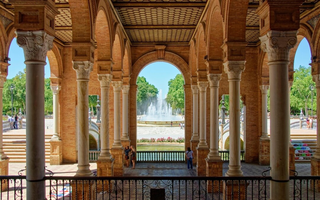 spain, plaza de españa, pillared hall, andalusia, seville, city, historic center, building, fountain, architecture, historical site, tourism, sightseeing, seville, seville, seville, seville, seville